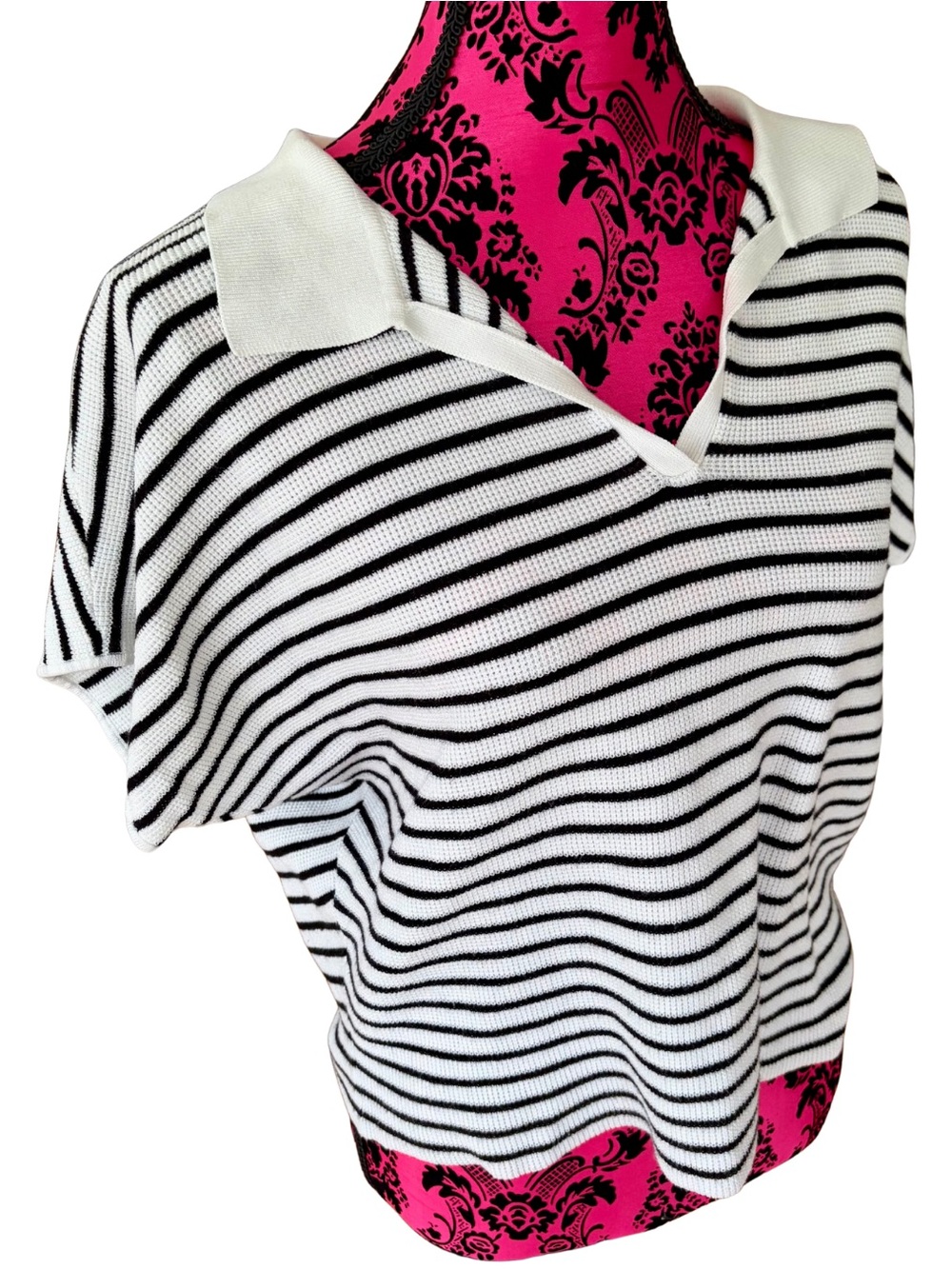 Cyrus Black & White Striped V-Neck Polo Sweater